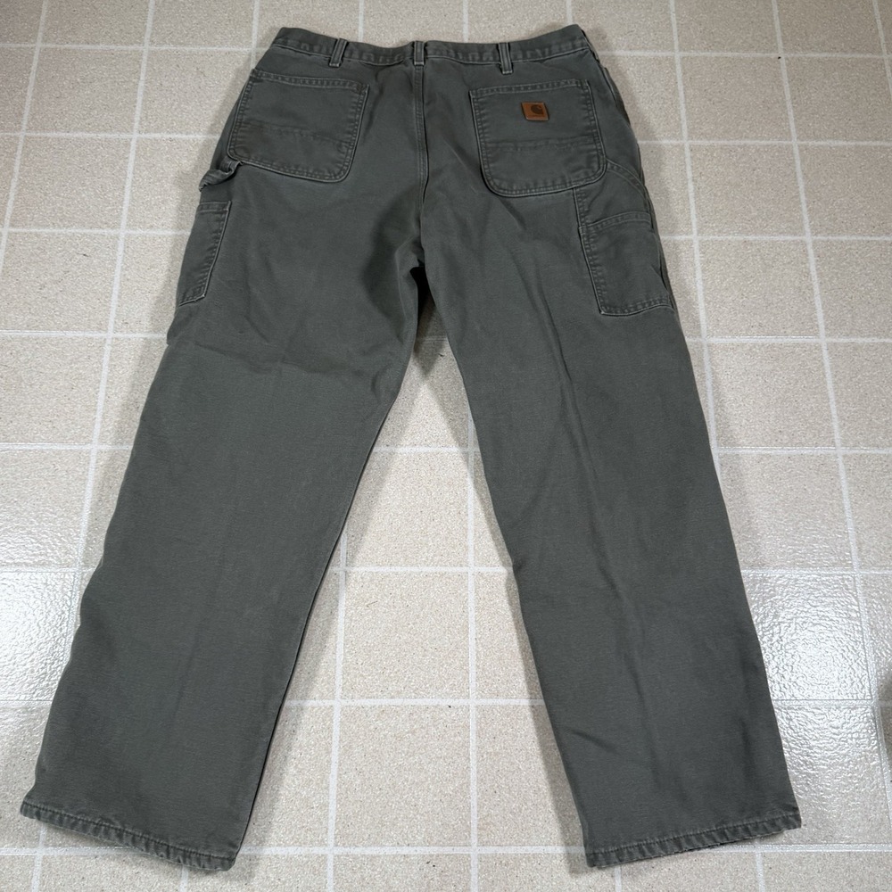 Carhartt Pants Mens 36x32 Green Flannel Lined Carpenter Faded Distress B111 MOS